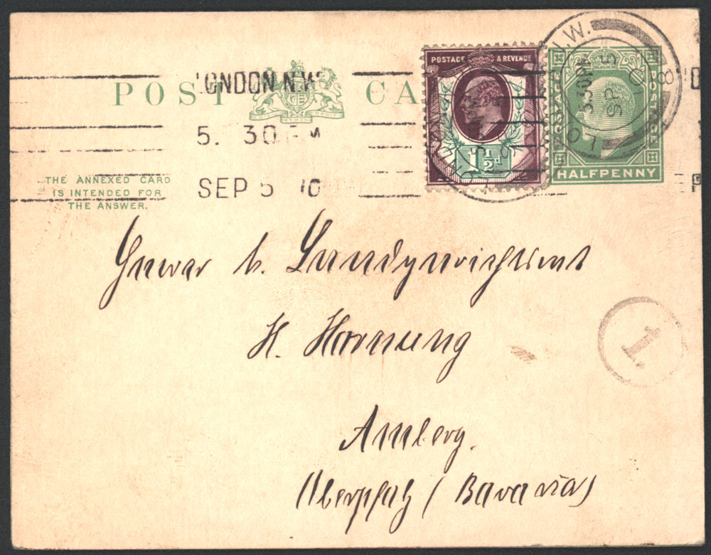 GERMANY 1910 KEVII &frac12;d reply card complete uprated