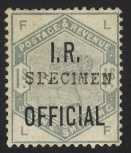 I.R OFFICIAL 1885 1s dull green, optd SPECIMEN Type 9