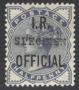 I.R OFFICIAL 1885 &frac12;d slate blue, optd SPECIMEN Type 9