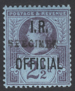 I.R OFFICIAL 1887 2&frac12;d Jubilee, optd SPECIMEN Type 9