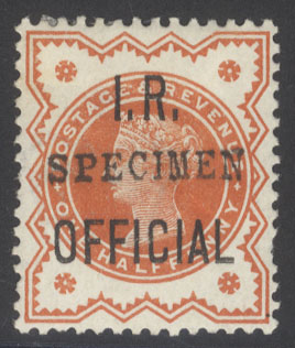 I.R OFFICIAL 1888 &frac12;d vermilion, optd SPECIMEN Type 9