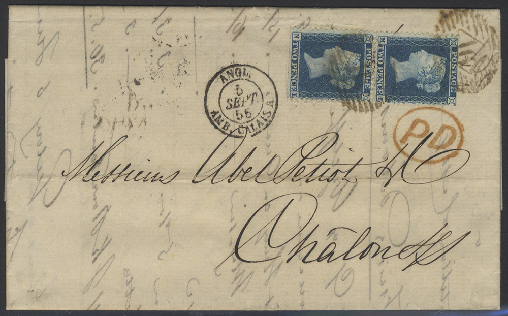 1856 E.L. from London to Chalon-sur-Saone franked 2d Blue 'Stars' vertical pair