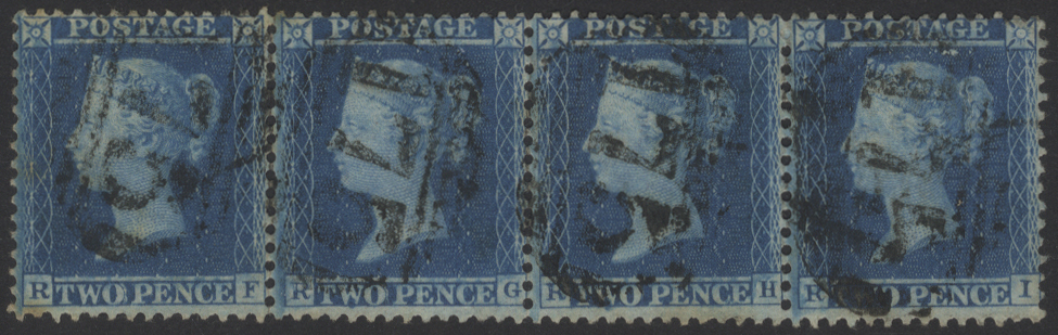 1855 wmk Large Crown P.14 2d Blue Plate 5 STRIP OF FOUR