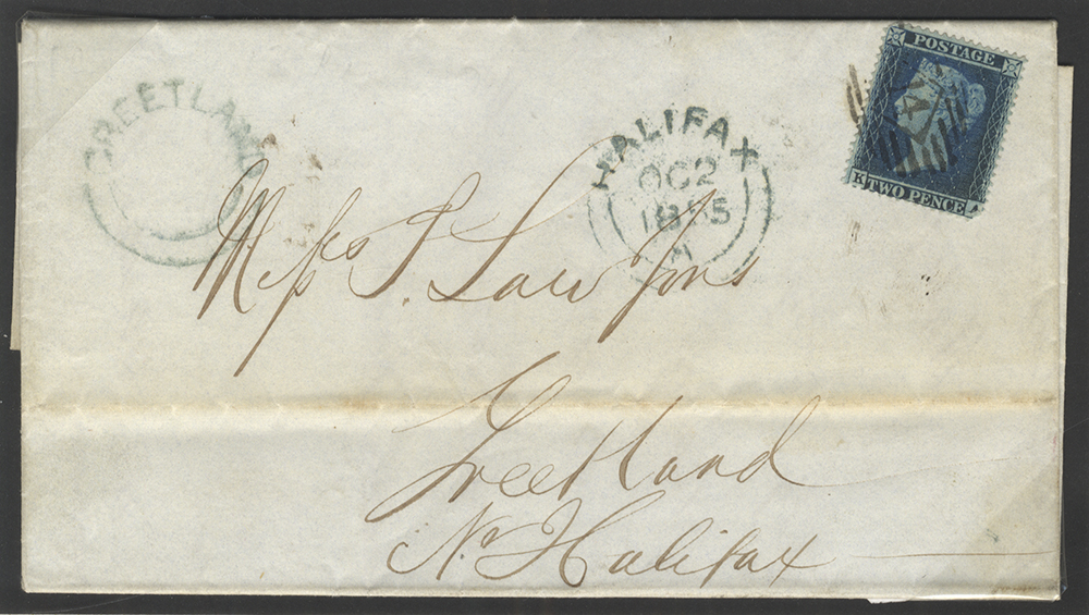 1855 cover from London to Greetland, near Halifax franked 2d Blue plate