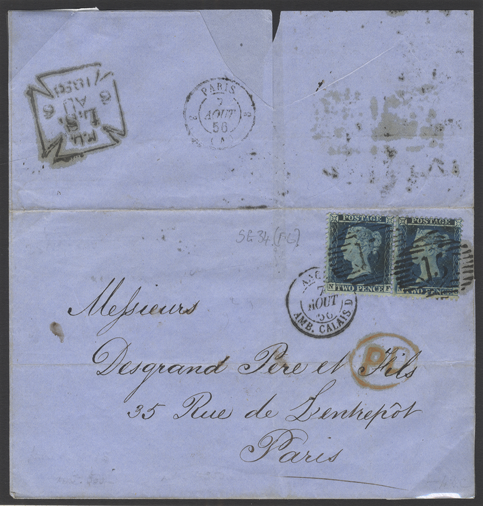 1856 cover from London to Paris franked 2d Blue Plate 5 x2
