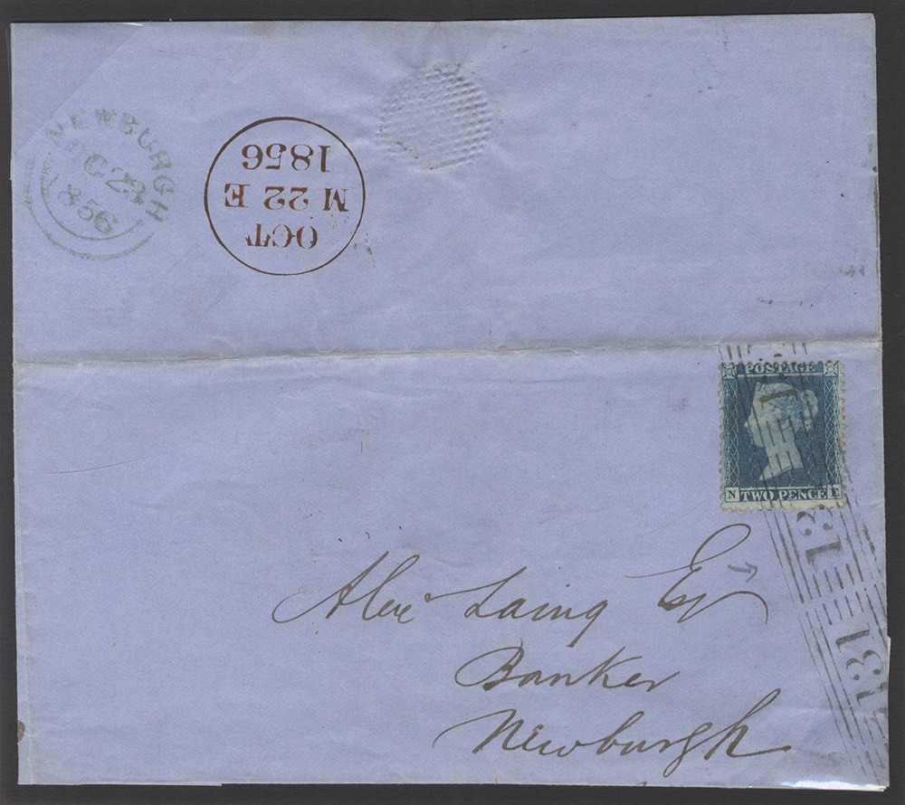 1856 cover from Edinburgh to Newburgh franked by 2d Blue Plate 5