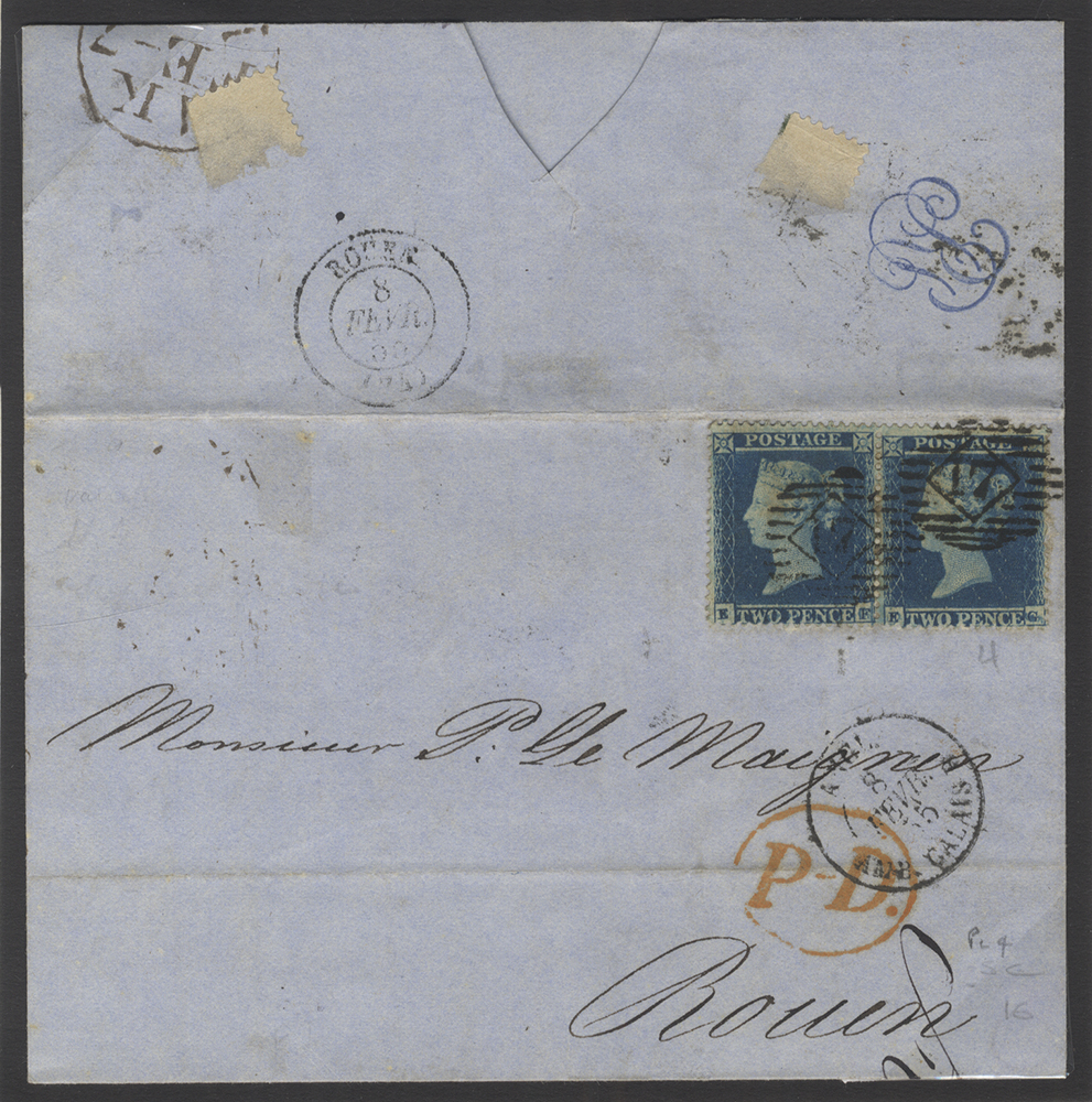 1855 cover from London to Rouen franked by 2d Blue Plate 4 PAIR