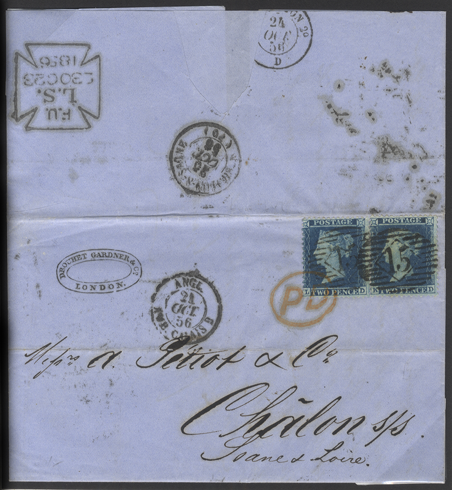 1856 cover from London to Chalon-sur-Saone franked 2d Blue wmk Large Crown P.14 Plate 5 x2
