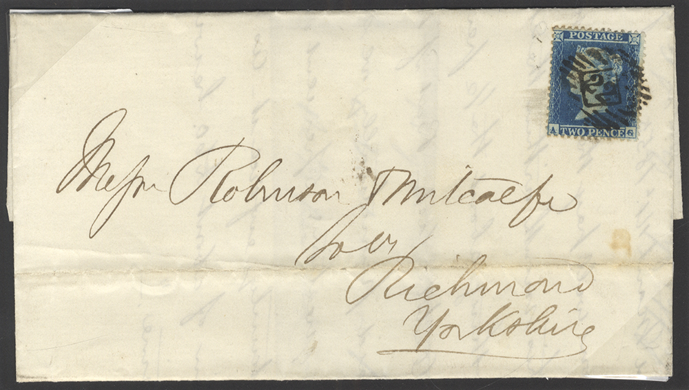 1855 cover from London to Richmond, Yorks, franked 2d Blue Plate 4