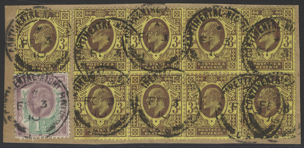 1910 Piece bearing KEVII D.L.R 1&frac12;d + 3d + 3d BLOCK OF EIGHT