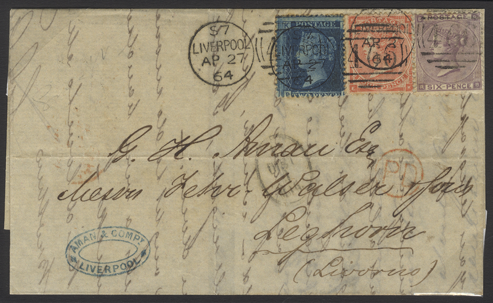 ITALY 1864 cover Liverpool to Livorno franked 2d blue Pl.9 4d pale red Plate 4 & 6d lilac