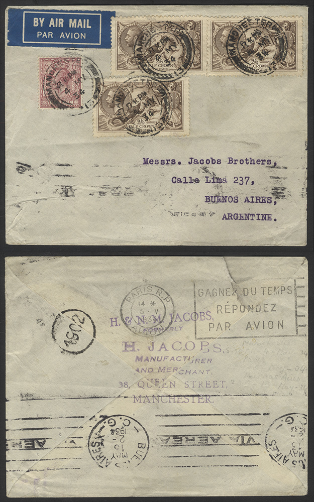 ARGENTINA 1934 airmail cover to Buenos Aires franked 6d, + 2/6d Seahorses x3