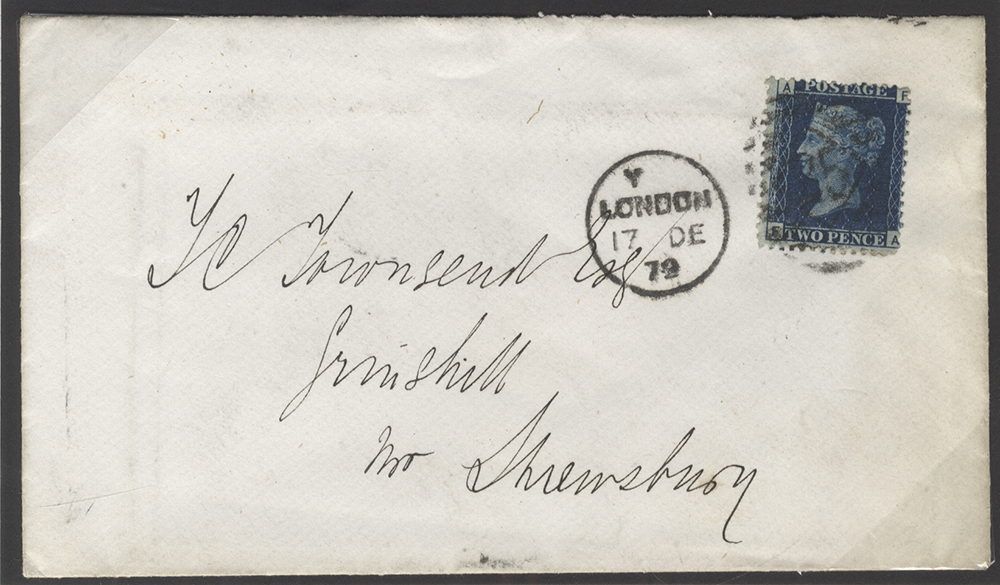 1879 cover London to Shrewsbury franked 2d blue