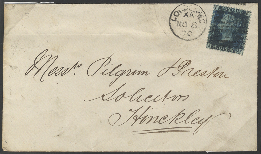 1870 cover to Hinckley franked 2d blue