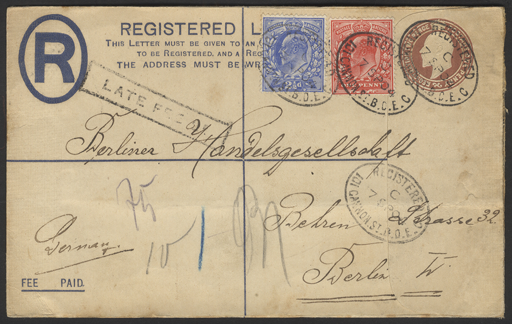 GERMANY 1904 reg cover to Berlin uprated with Edward 1d + 2&frac12;d
