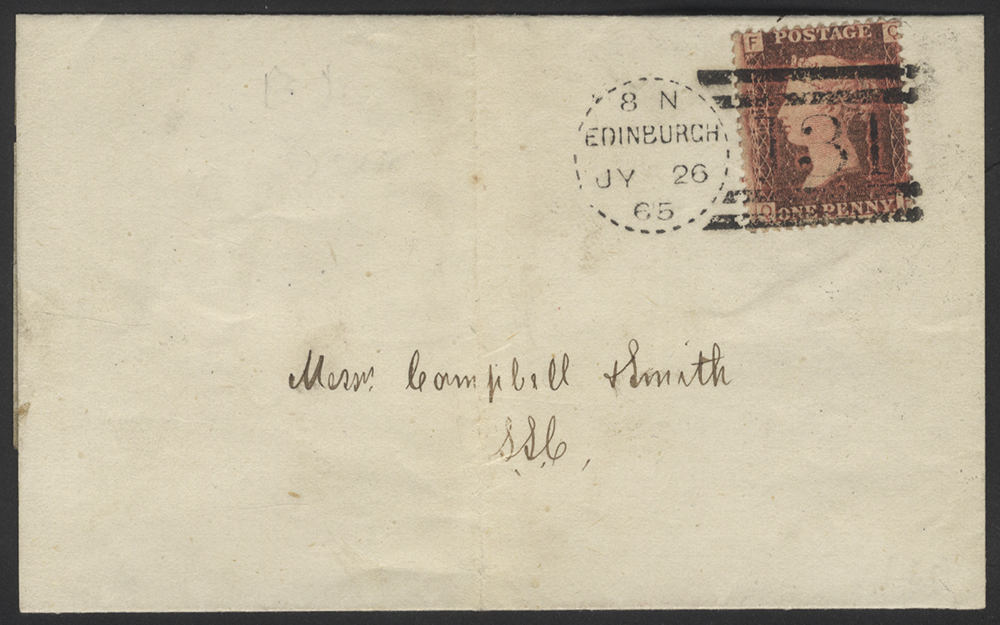 1865 Cover franked 1d Red Pl.98