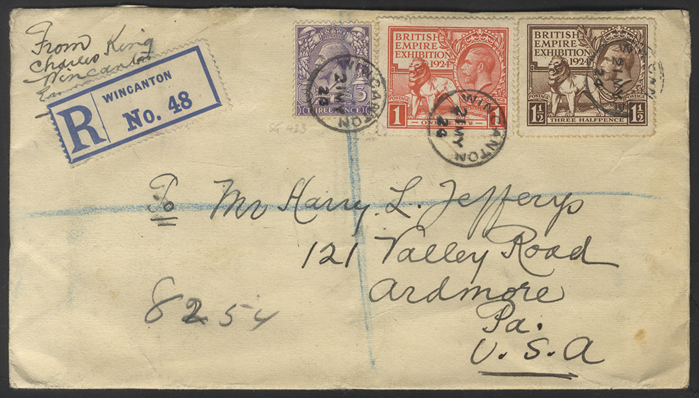 USA 1924 reg cover from Wincanton to Ardmore, U.S.