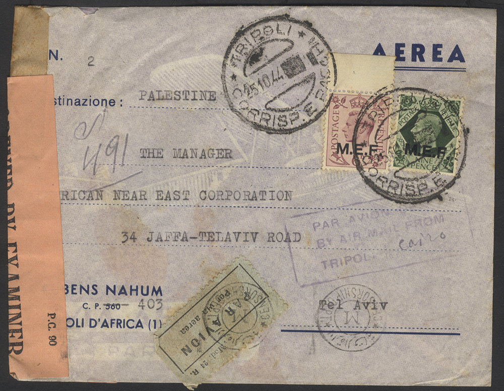 1944 Airmail cover Tripoli to Palestine via Egypt (boxed violet 'Par Avion/By Airmail From/Tripoli - Cairo') MEF 6d + 9d with scarce black/salmon ZA/20410 label