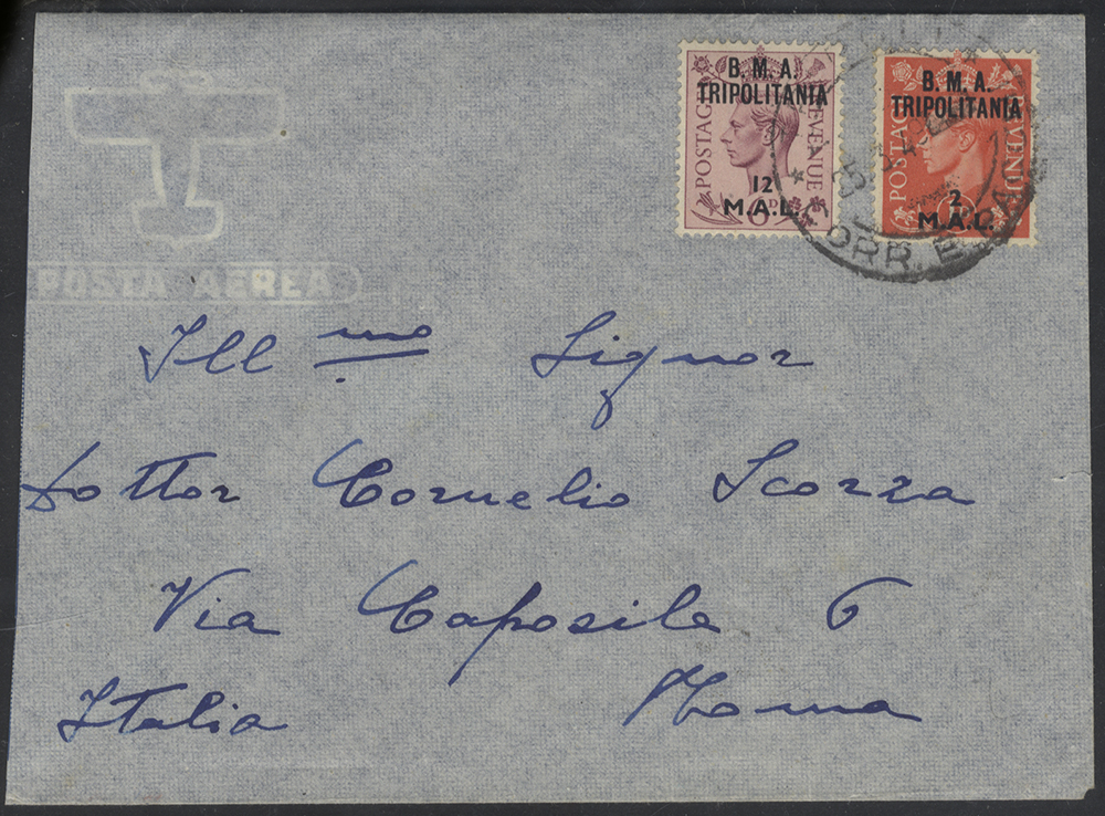 1949 Airmail cover Tripoli - Italy franked 'BMA/TRIPOLITANIA' 2 Mal + 12 Mal (T2, 8)