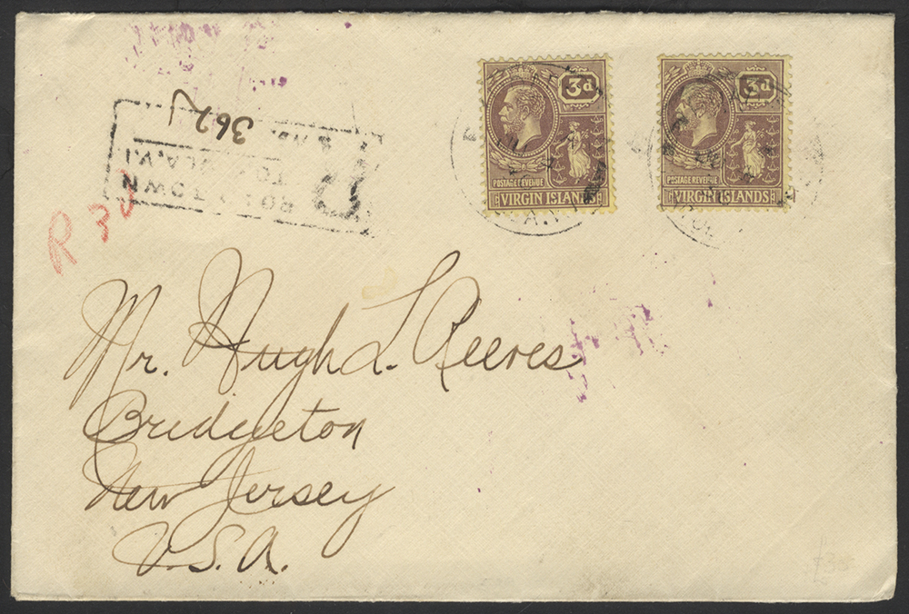 1930 Reg cover to USA franked 3d x2