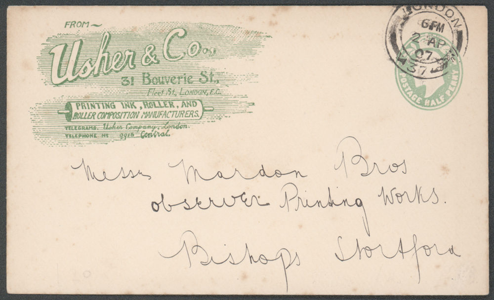 1907 commercial printed &frac12;d postal stationery envelope