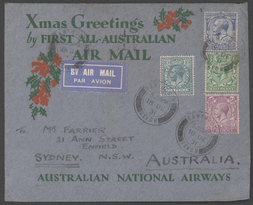 AUSTRALIA 1931 Christmas Greetings Australia National Airways Printed Airmail cover