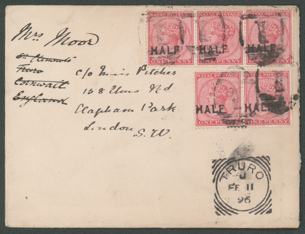 1896 cover to London franked strip-3 + pair