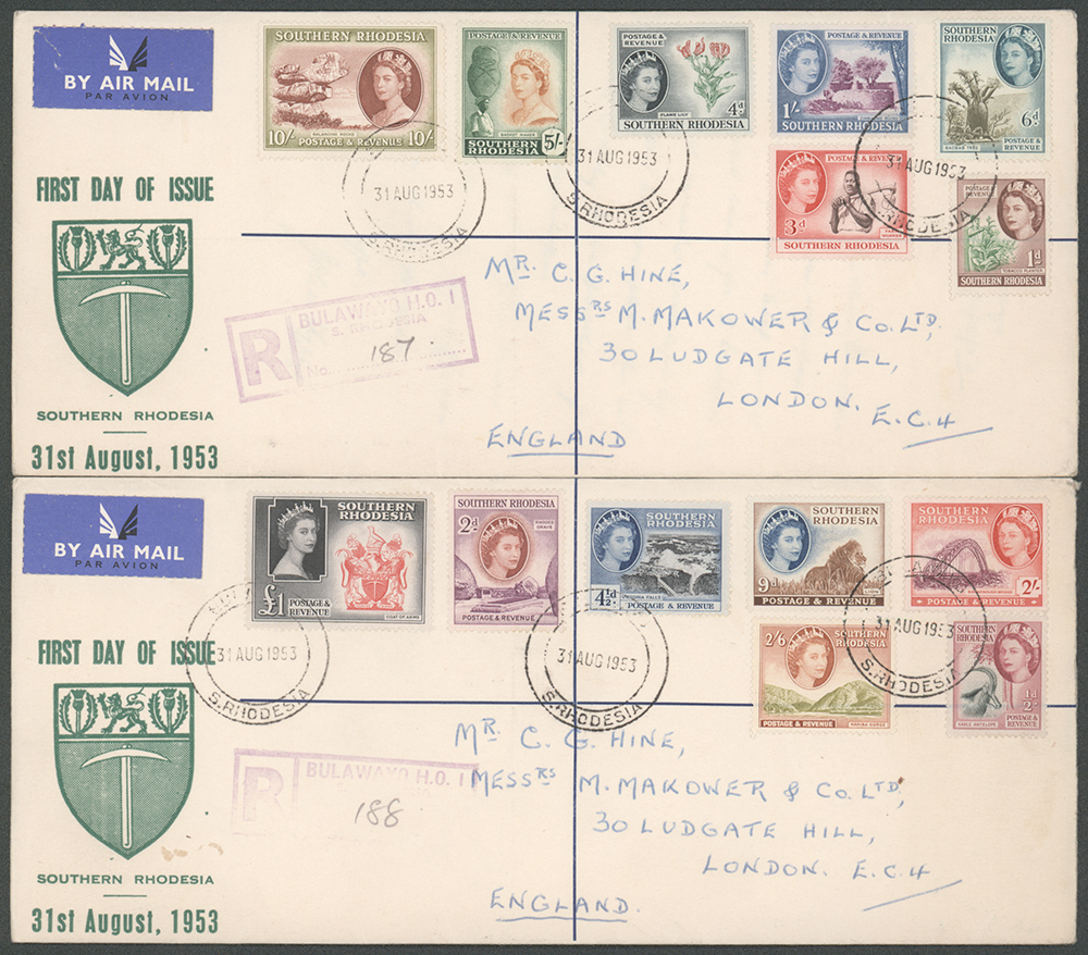 1953 Definitive set of 14 values on two illustrated Reg F.D.C's