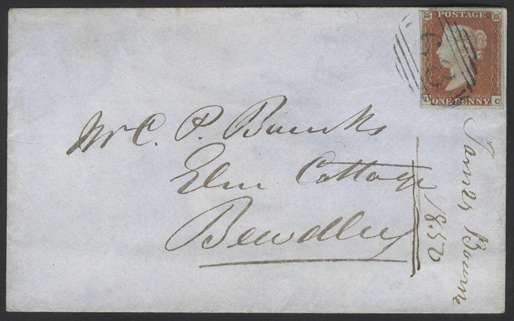 1850 Env used in Bewdley franked 1841 1d Red DC.